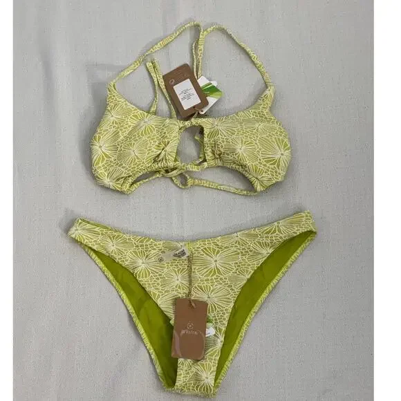 Berlook Light Green Floral Jacquard Cut Out Bikini Top and bottoms NWT L - Picture 4 of 5